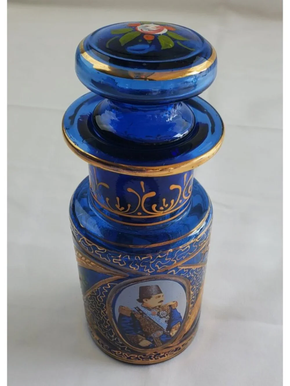 Vtg Cobalt Russian Blue Decanter w/ Etched Gold Flower w/ Stopper Tole Painted